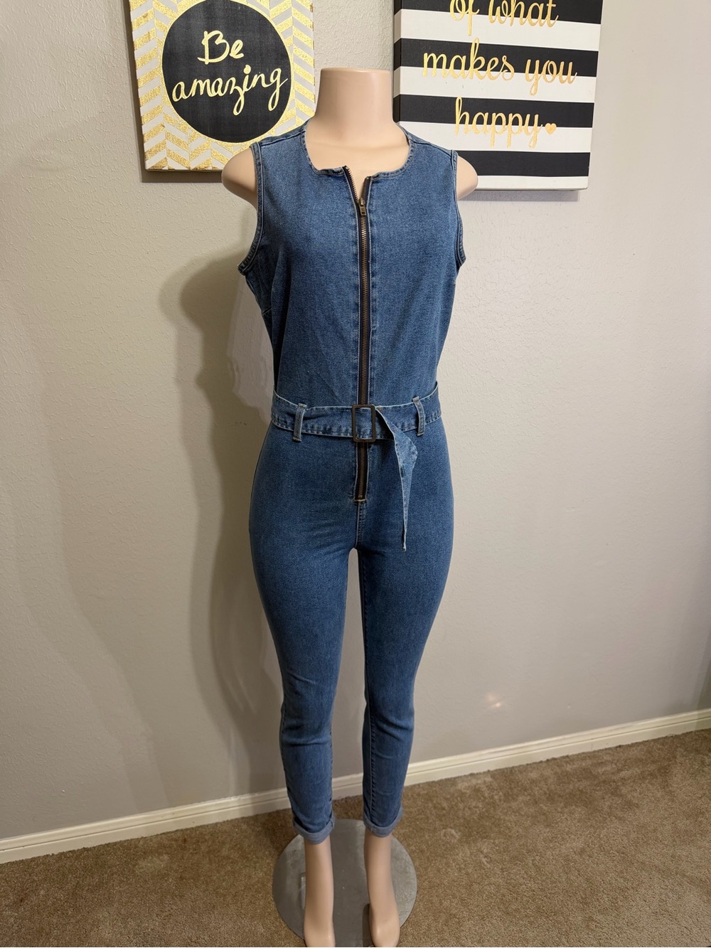 Rewash Dark Blue Denim Sleeveless Zip-Front Jumpsuit